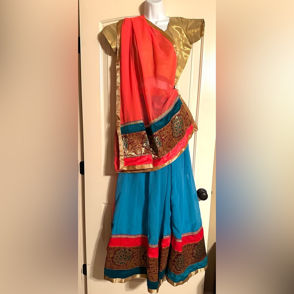 Lehenga set,beautiful Indian outfit, Chaniya choli set, Blue, pink gold 3 pc set